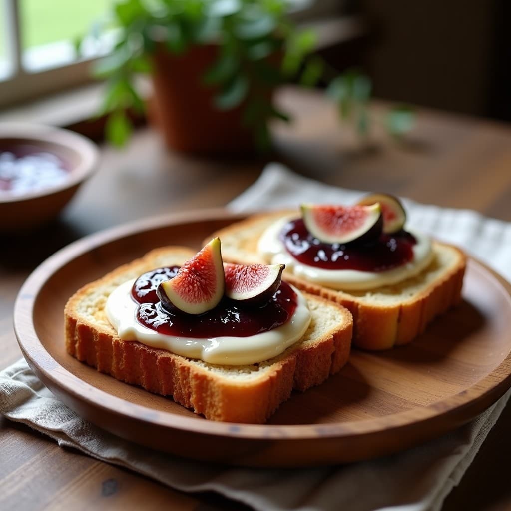 Tostadas doradas de pan de plátano sin gluten con una capa cremosa de cream cheese de anacardos y una cucharada de mermelada de higo brillante, decoradas con canela en polvo sobre un plato de madera rústica.