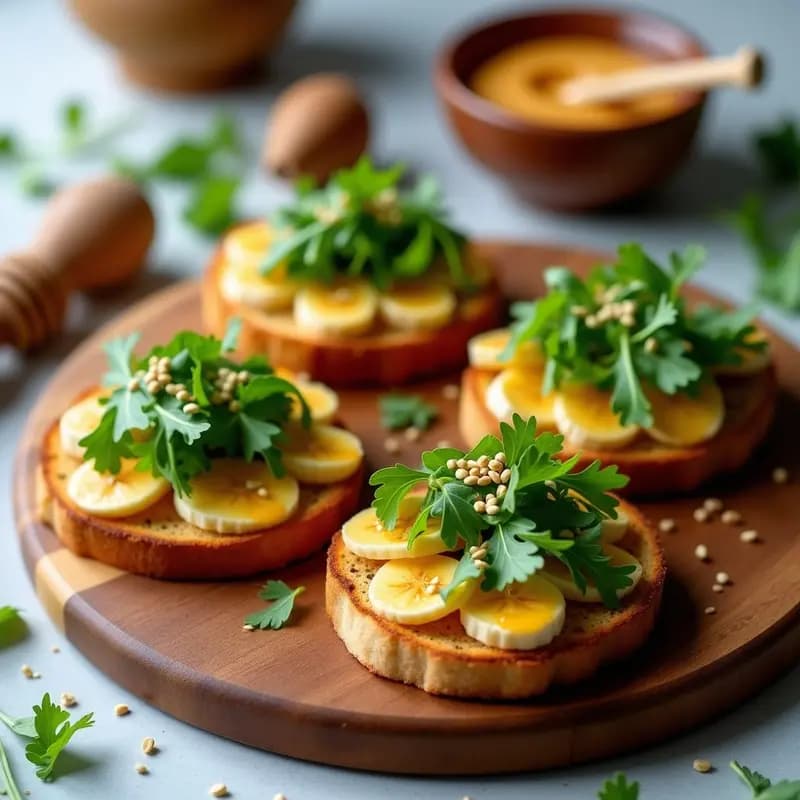 Tostadas doradas de pan de plátano esponjoso con crema de cacahuete brillante y un toque picante, cubiertas de rúcula fresca y semillas de sésamo. Desayuno fitness colorido y apetecible sobre fondo rústico de madera.