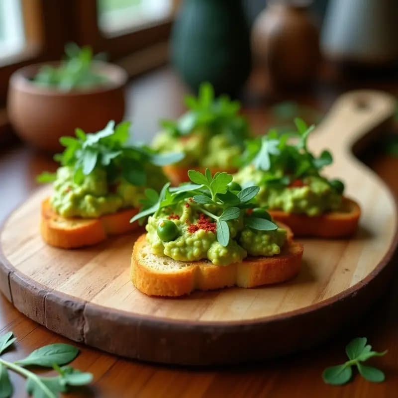 Tostadas doradas de pan de queso brasileño con una capa cremosa de guacamole de pisello verde, coronadas con hojas de rúcula fresca y un toque de chile en polvo. Plato listo para servir sobre una tabla de madera rústica.