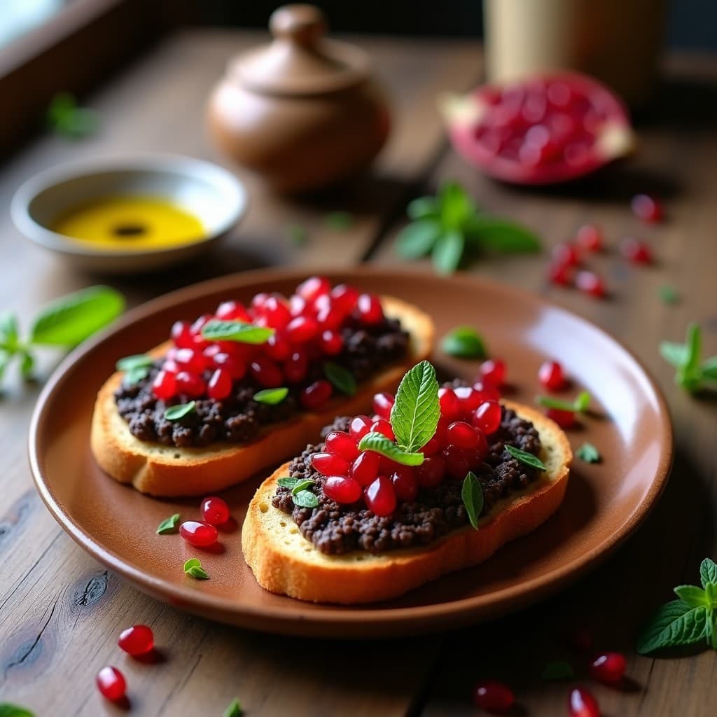 Tostadas crujientes de pan de sorgo con capas de paté de berenjena cremoso, semillas de granado brillantes y hojas de menta fresca, servidas en un plato de madera rústico.