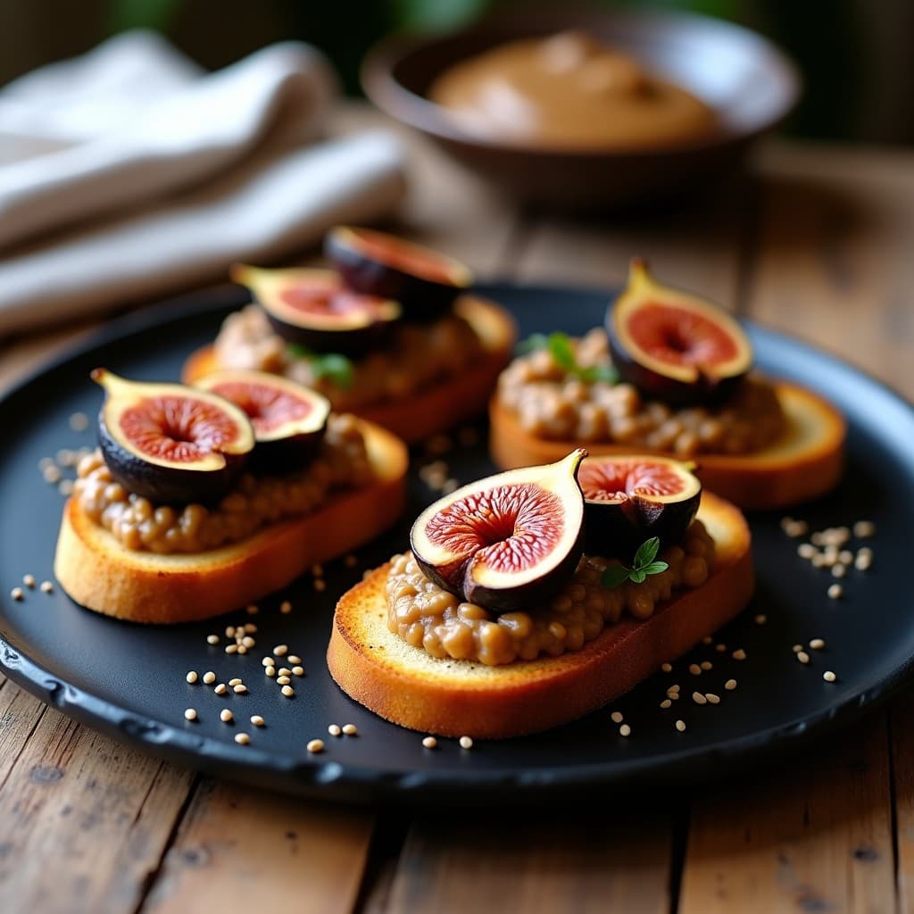 Tostadas doradas de pan de sorgo con una capa cremosa de puré de lentejas, láminas de higo negro brillante, queso de cabra desmenuzado y rúcula fresca. Plato de aperitivo sin gluten y alto en hierro, servido en una tabla de madera rústica con un hilo de miel y vinagre de Módena.