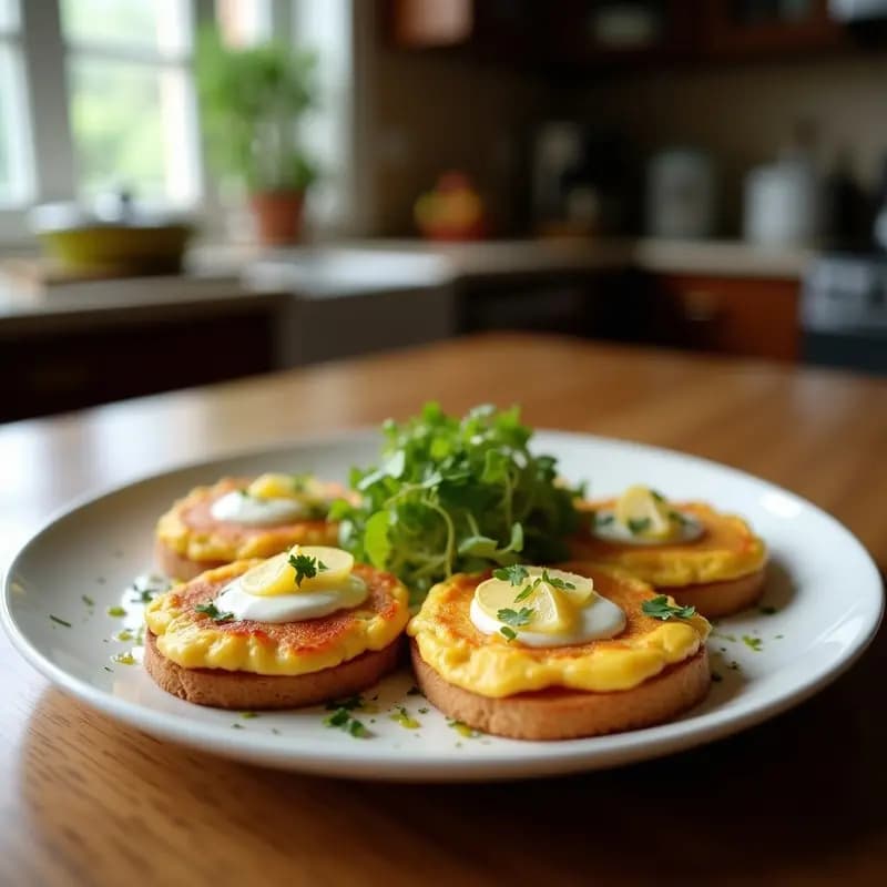Tostadas crujientes de pan de trigo sarraceno con una capa cremosa de anacardos, coronadas por rodajas finas de manzana verde Granny Smith, semillas de chía y hojas de menta fresca. Plato minimalista sobre fondo de madera clara con luz natural.