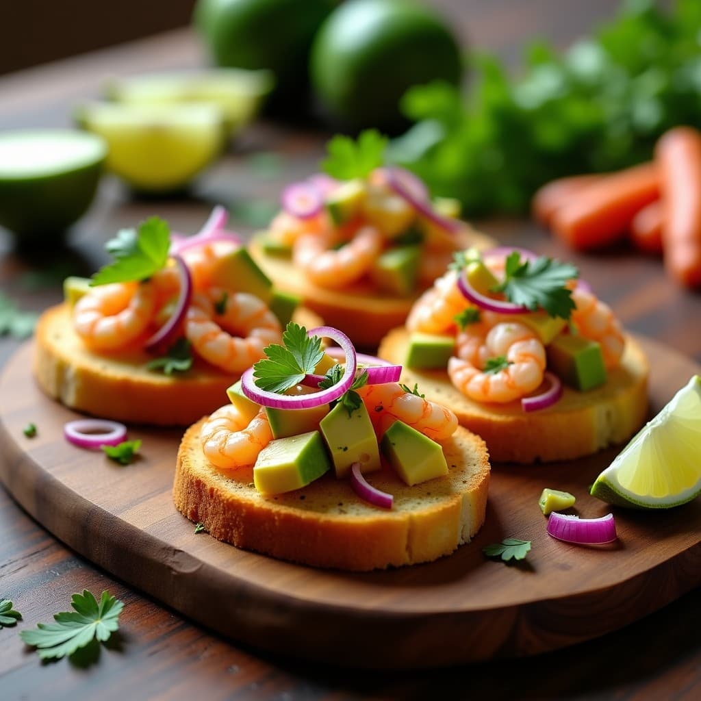 Plato de tostadas doradas de pan de yuca crujiente con ceviche de camarones marinado en lulo, cebolla morada, aguacate y huevo, decorado con cilantro fresco. Receta colombiana sin gluten y alta en proteína.