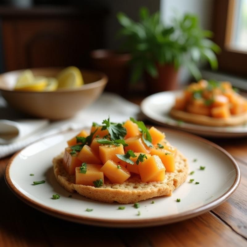 Tostadas doradas de pan de yuca con ceviche de corazón de palma, cebolla morada, tomate y cilantro fresco, servidas en un plato blanco sobre fondo rústico. Entrante ecuatoriano sin gluten, fresco y colorido.