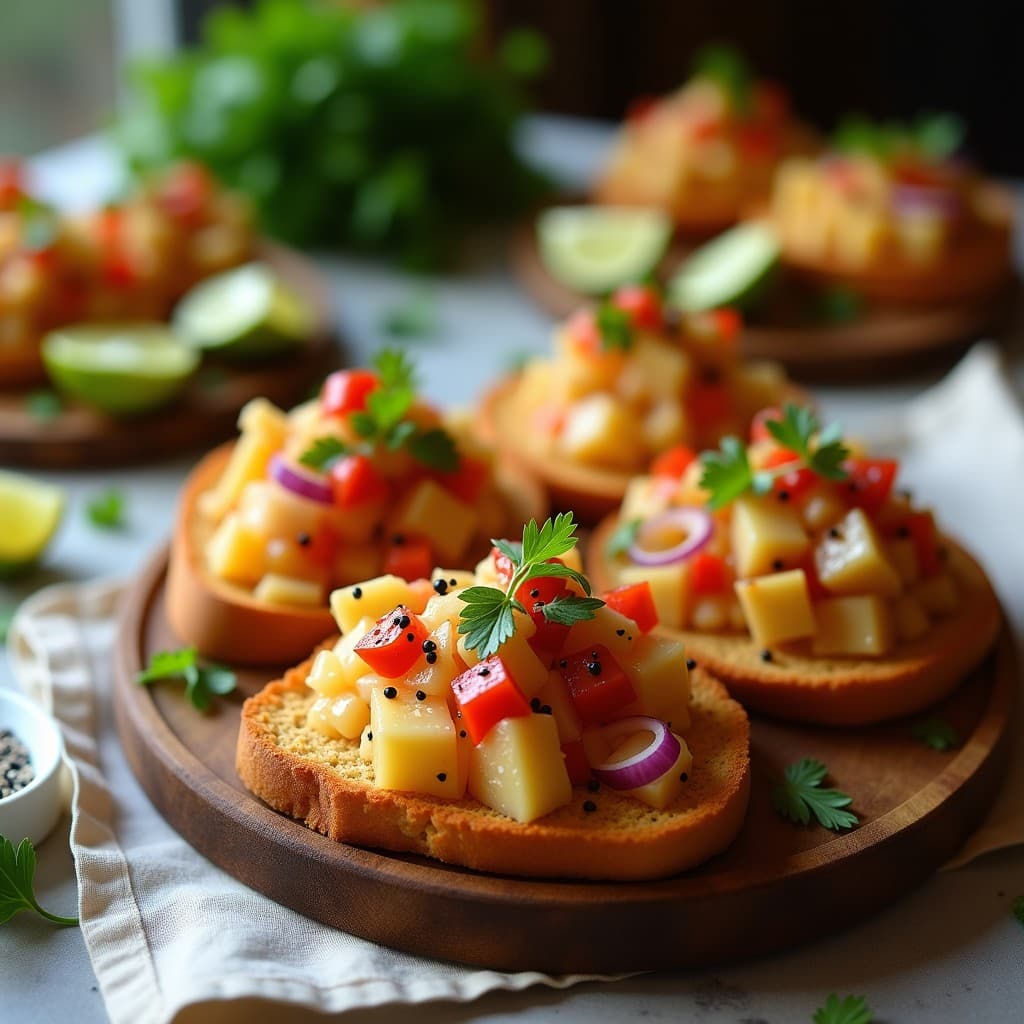 Tostadas doradas de pan de yuca crujientes con ceviche de corvina ahumada en cubos, cebolla morada, pimiento rojo y cilantro, servidas en bandeja de madera con semillas de sésamo y rodaja de lima. Receta ecuatoriana sin gluten y alta en omega-3.