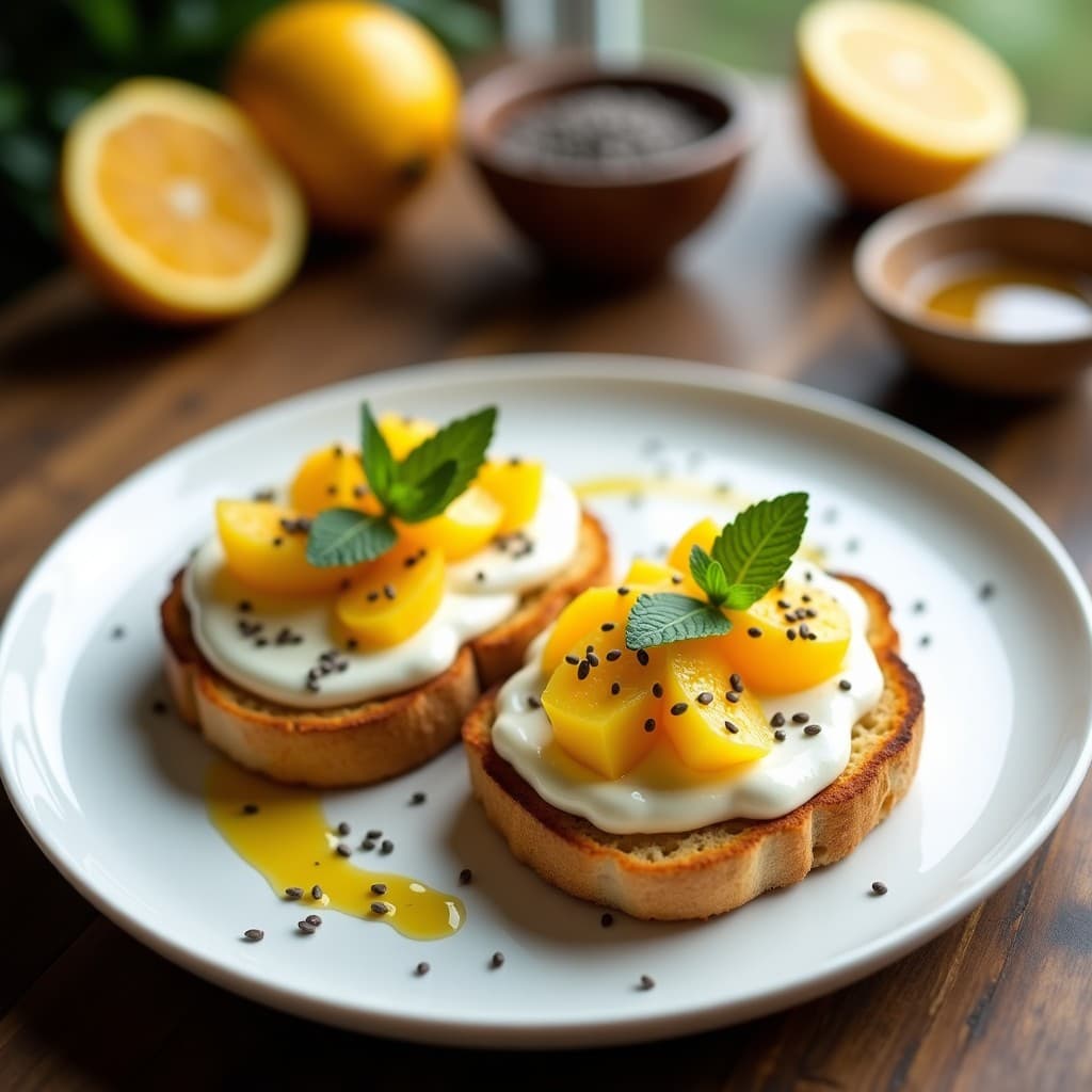 Plato blanco con tostadas doradas de pan de yuca, cubiertas con una crema blanca de guanábana y trozos de granadilla amarilla, decoradas con semillas de chía y hojas de menta. Desayuno colombiano sin gluten con texturas crujientes y cremosas.