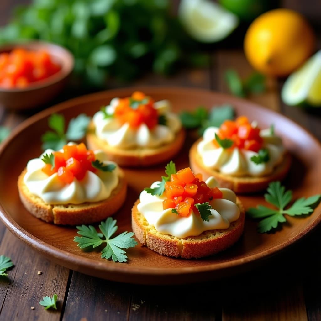 Tostadas doradas de pan de yuca con una capa cremosa de palmito, coronadas por caviar de tomate rojo y verde, decoradas con cilantro fresco sobre un plato de madera rústico, receta ecuatoriana sin gluten.