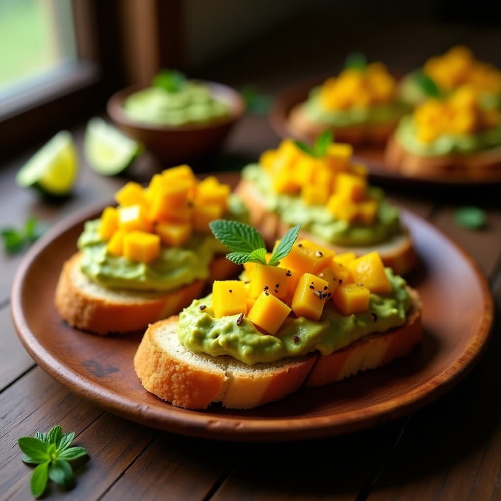 Tostadas doradas de pan de yuca crujiente con una generosa capa de guacamole cremoso de aguacate, mango en cubos y trocitos de chile habanero, decoradas con semillas de sésamo y hojas de menta sobre un plato de madera rústico. Entrante colombiano picante y sin gluten.