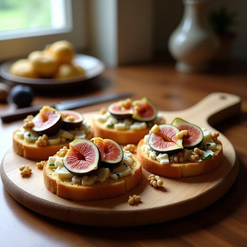 Tostadas doradas de pan de yuca con láminas de higo fresco, queso azul desmenuzado y nueces picadas, bañadas con un hilo de miel sobre una bandeja de madera rústica, receta colombiana alta en proteína.
