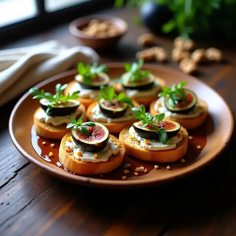 Tostadas doradas de pan de yuca con trozos de higos frescos, queso azul vegano cremoso, hojas de rúcula y nueces picadas, bañadas con reducción de miel de agave y vinagre balsámico sobre una tabla de madera rústica.