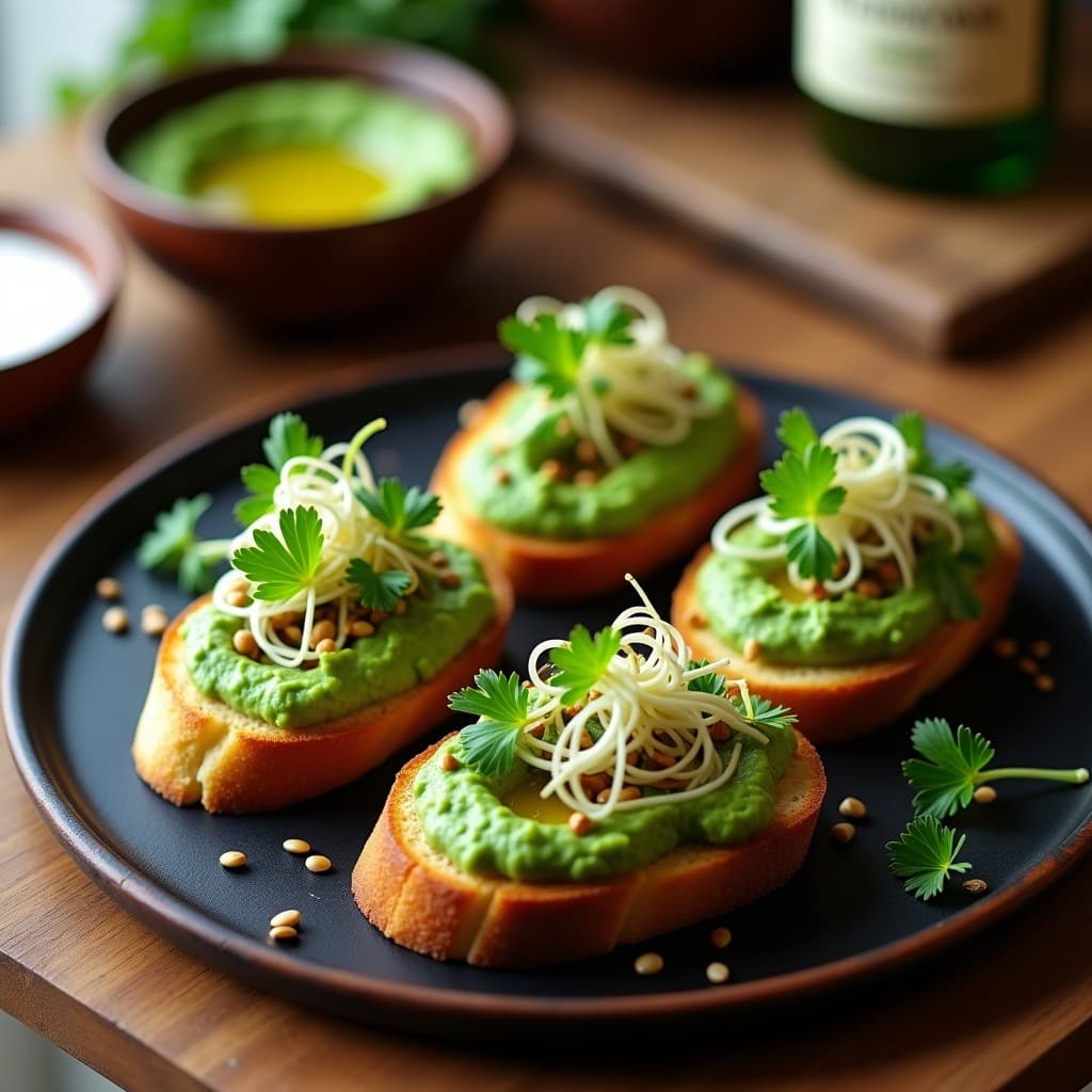 Tostadas doradas de pan de yuca con hummus de espirulina de color azul verdoso, decoradas con germinados de alfalfa y rábano, semillas de sésamo y pimentón ahumado. Plato detox y sin gluten sobre tabla de madera rústica.