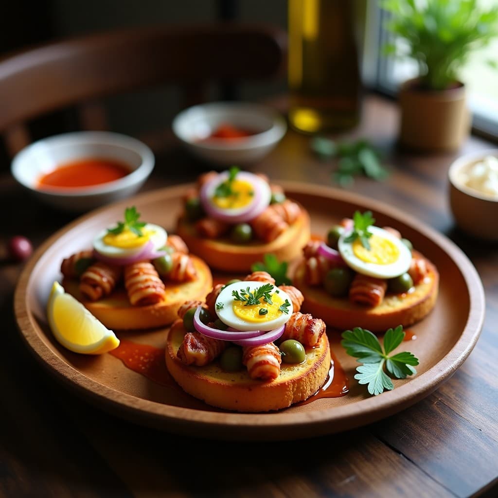 Tostadas doradas de pan de yuca con trozos de pulpo a la gallega, especias, huevo picado y perejil fresco, servidas en una bandeja de madera rústica.