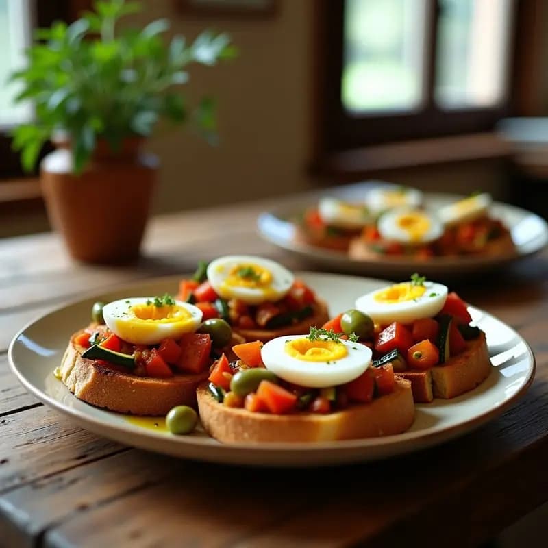 Tostadas doradas con una generosa capa de pisto manchego caliente, coronadas con rodajas de huevo escabechado en vinagre de jerez, decoradas con aceitunas verdes y un hilo de aceite de oliva virgen extra. Plato típico español, ideal para desayuno o cena.