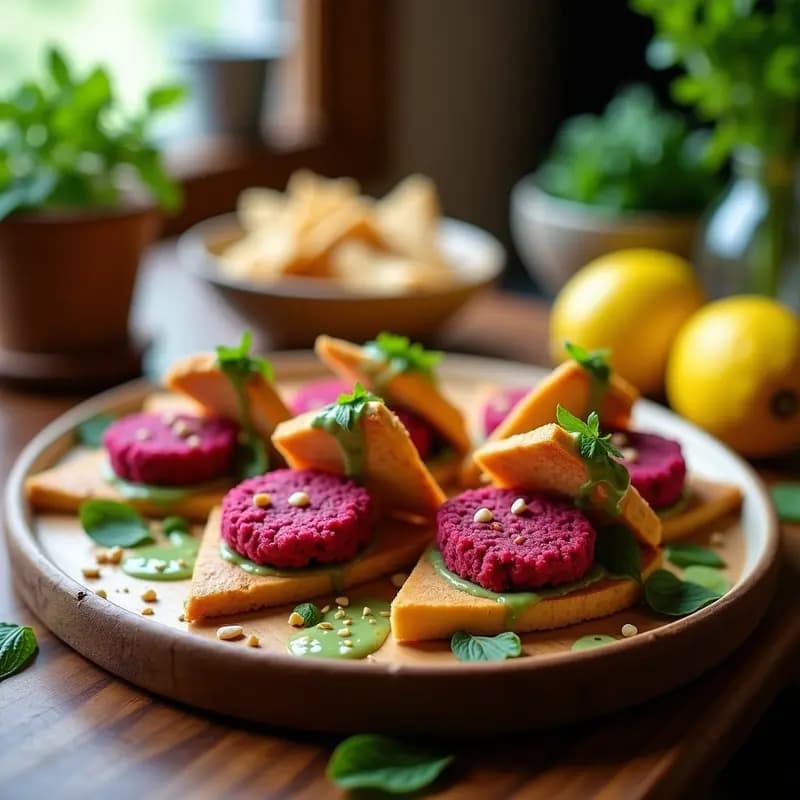Tostadas de pan de pita integral con falafel de remolacha crudivegano, yogur de anacardos cremoso, semillas de sésamo y hojas de menta fresca, servidas en plato de madera rústico.