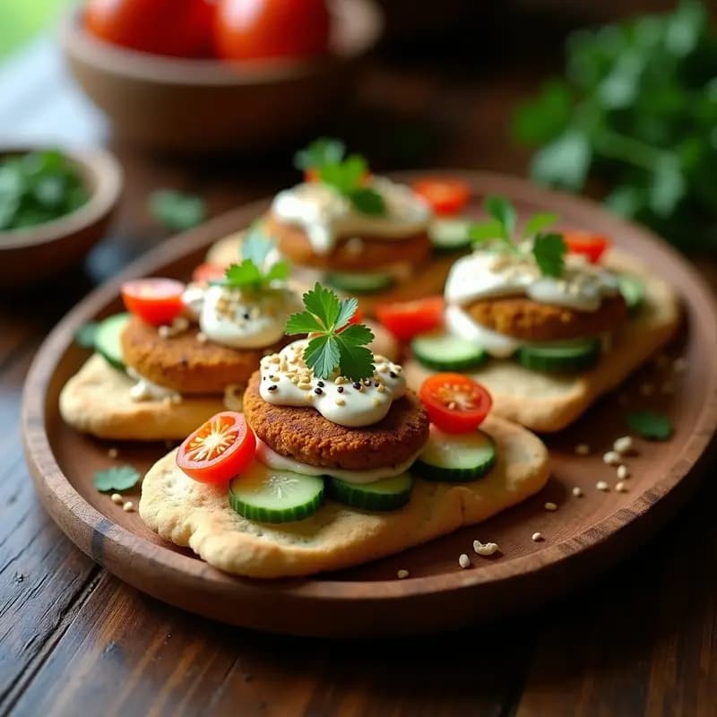 Tostadas doradas de pan de pita integral con falafel crujiente, crema de tahini, tomates cherry, pepino y semillas de sésamo, servidas en una bandeja de madera rústica. Receta árabe vegana y sin lactosa.