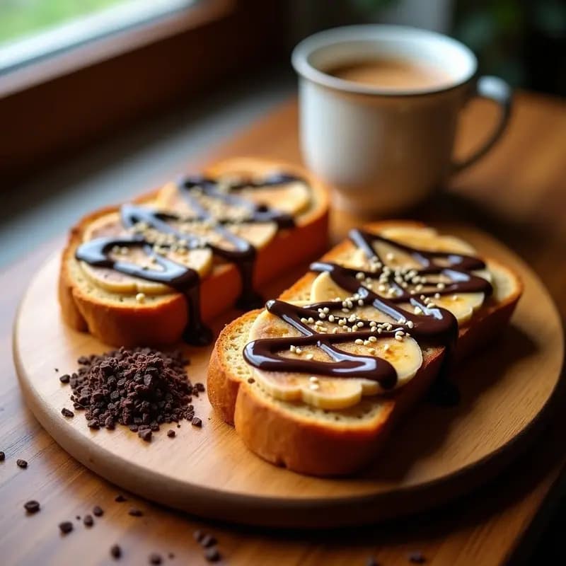 Tostadas doradas de pan de plátano con capas de crema de cacahuete espesa, hilos de chocolate negro brillante y semillas de sésamo tostadas. Presentación en estilo viral de TikTok sobre fondo rústico de madera con luz natural.