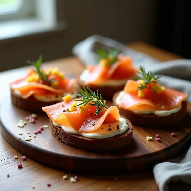 Tostadas de pan de pumpernickel oscuro con capas de queso crema, láminas de salmón ahumado rosado, rúcula verde, huevos de codorniz cortados y semillas de sésamo, sobre un plato blanco rústico con fondo de madera clara.