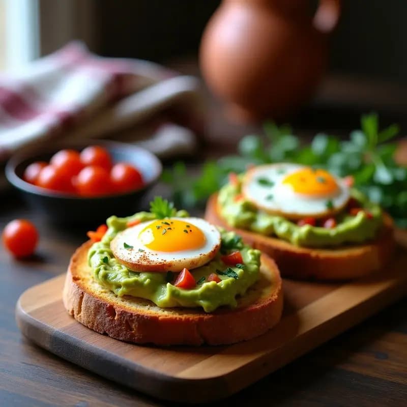 Tostadas rústicas de pan de sarrín dorado con crema de aguacate verde, huevos de codorniz fritos con yema líquida, tomates cherry picados y perejil fresco, servidas en un plato de barro sobre fondo de madera, receta española de montaña.