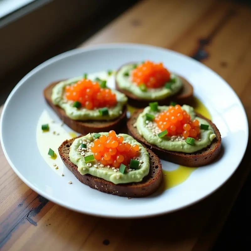 Plato blanco con cuatro tostadas de pan de trigo sarraceno doradas, cubiertas con puré de habas cremoso, huevas de lumpo naranjas y decoradas con cebollino, eneldo y semillas de sésamo. Receta rusa de aperitivo gourmet en 10 minutos.