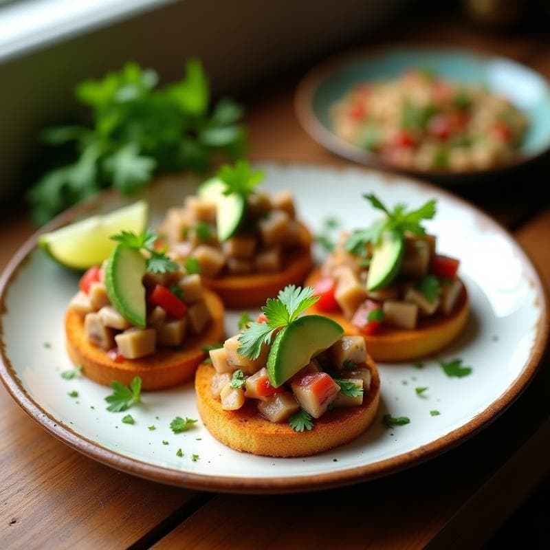 Plato de tostadas doradas de pan de yuca con ceviche de champiñones portobello marinado en limón, cebolla morada y cilantro, decorado con aguacate. Entrante colombiano vegano y sin gluten.
