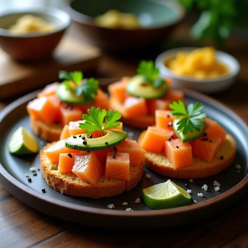Plato blanco con tostadas doradas de pan de yuca crujientes, cubiertas con ceviche de salmón ahumado en dados, palta en cubos verdes, cebolla morada y cilantro fresco. Decorado con rodajas de limón y un toque de pimentón dulce. Receta de tostadas yuca ceviche salmón ahumado palta.