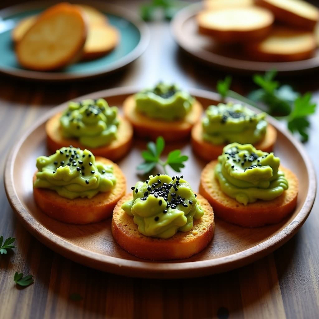 Tostadas doradas de pan de yuca con guacamole verde de pisos y sésamo negro espolvoreado, servidas en un plato de madera rústico con decoración de cilantro fresco. Aperitivo colombiano keto y sin gluten.