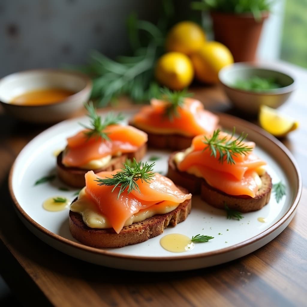 Tostas doradas de pan de centeno con tiras de salmón marinado en limón y eneldo, decoradas con cebollino y brotes tiernos sobre fondo rústico de madera. Receta nórdica de tostas con salmón marinado y eneldo.