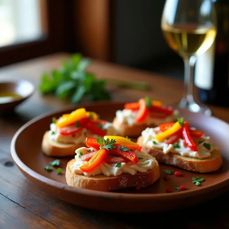 Plato de madera rústico con tostas de pan crujiente cubiertas de ventresca de atún desmenuzada, pimientos asados en tira y perejil fresco, servidas como tapa de bar en casa.