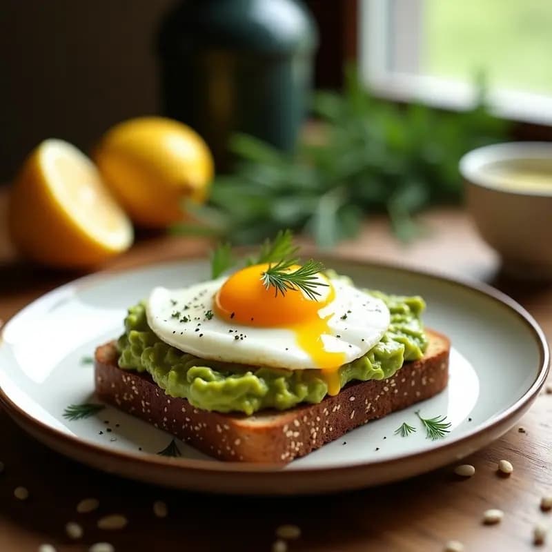 Toste de aguacate y huevo escalfado sobre pan de centeno tostado, decorado con hierbas frescas, semillas de sésamo y pimienta negra, servido en plato blanco rústico con fondo de madera clara.