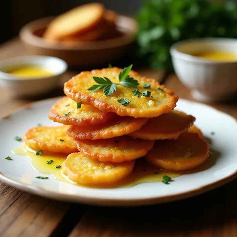 Plato blanco con tostones dorados y crujientes, bañados en mantequilla de ajo y perejil, servidos sobre papel absorbente rústico.