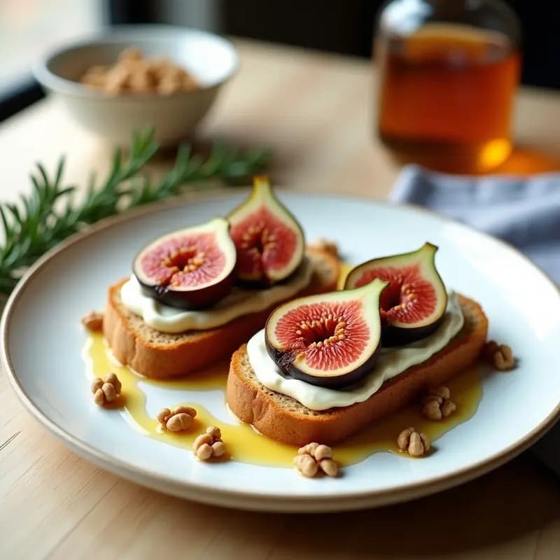Tosti de pan de molde integral dorado con queso de cabra cremoso, higos frescos en rodajas abanico, nueces picadas, rúcula baby, miel y reducción de vinagre balsámico, servido en plato blanco sobre fondo rústico de madera.