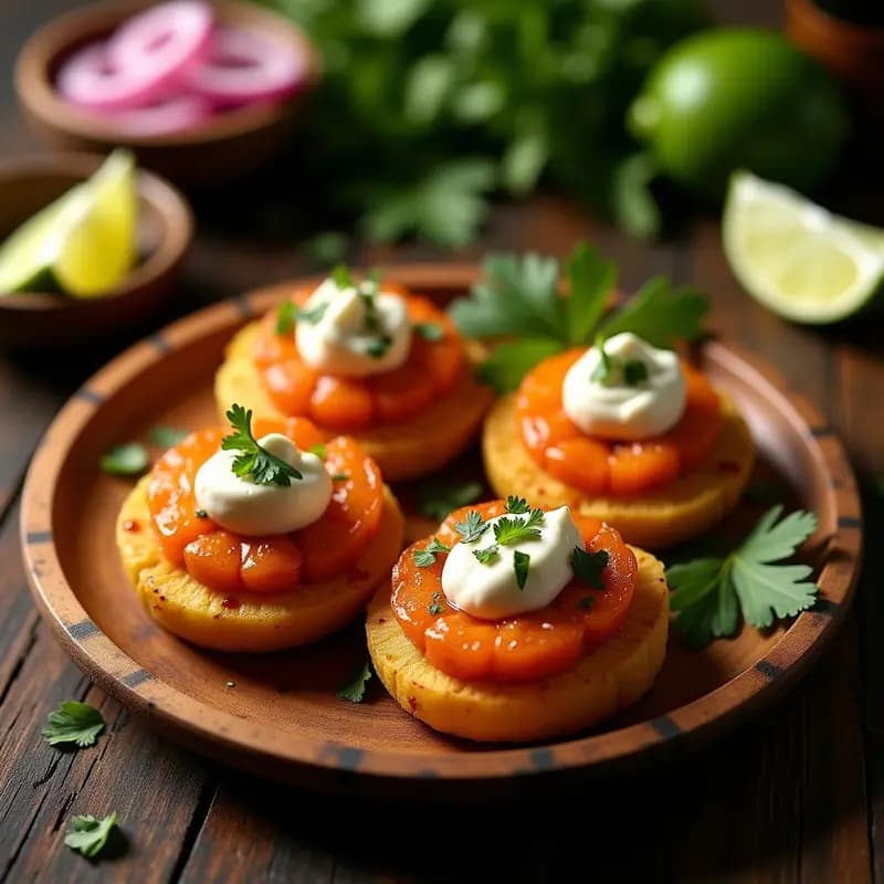 Tostones dorados y crujientes rellenos de camarones al ajillo con trozos de cebolla morada y perejil, servidos en plato rústico de barro. Receta puertorriqueña picante y crujiente.