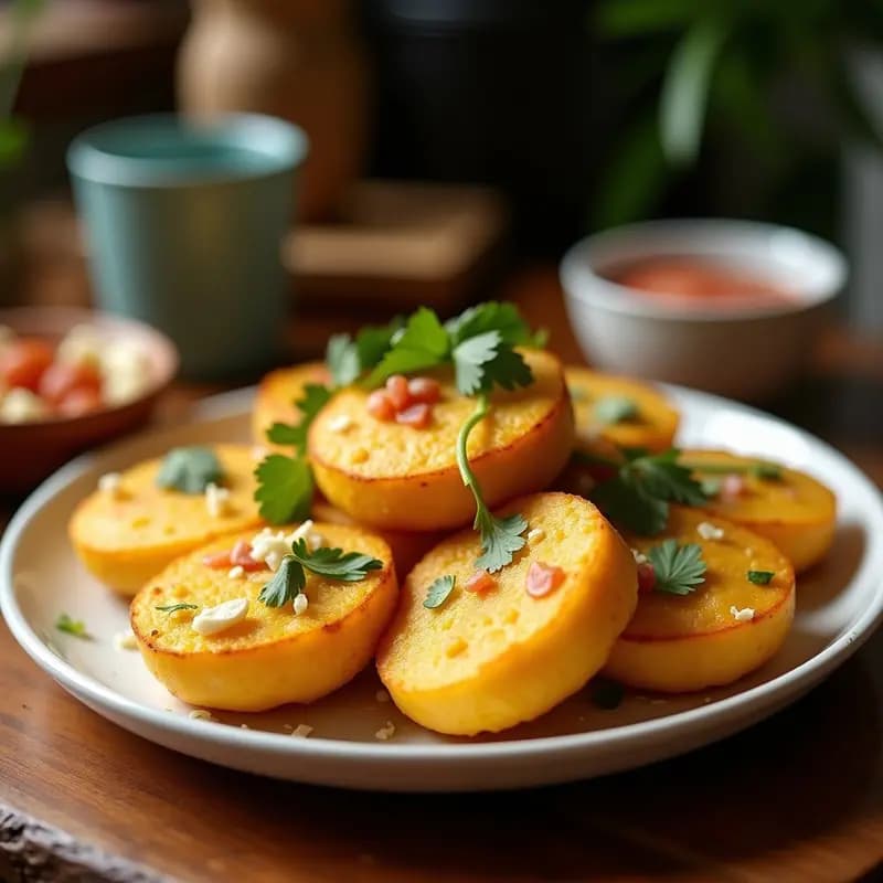 Tostones dorados y crujientes rellenos de carimañola y queso de cabra, servidos en un plato de madera con salsa de ají al lado. Receta colombiana sin gluten.
