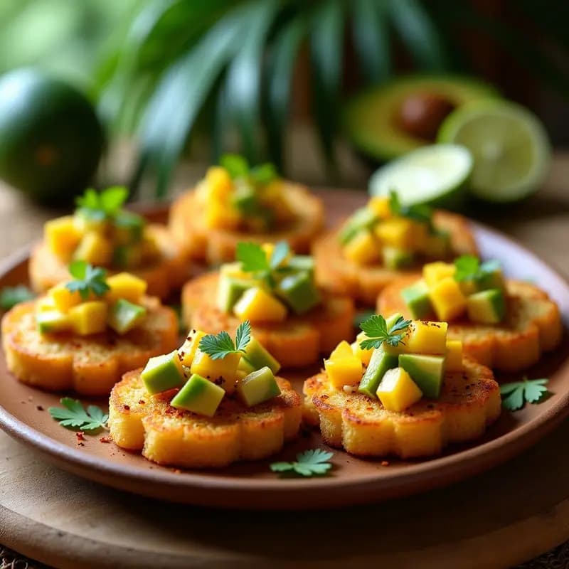 Tostones dorados y crujientes rellenos de ceviche de mango, aguacate y cebolla morada, servidos sobre hojas de lechuga morada con semillas de sésamo. Plato colorido y fresco, típico aperitivo dominicano vegano y picante.