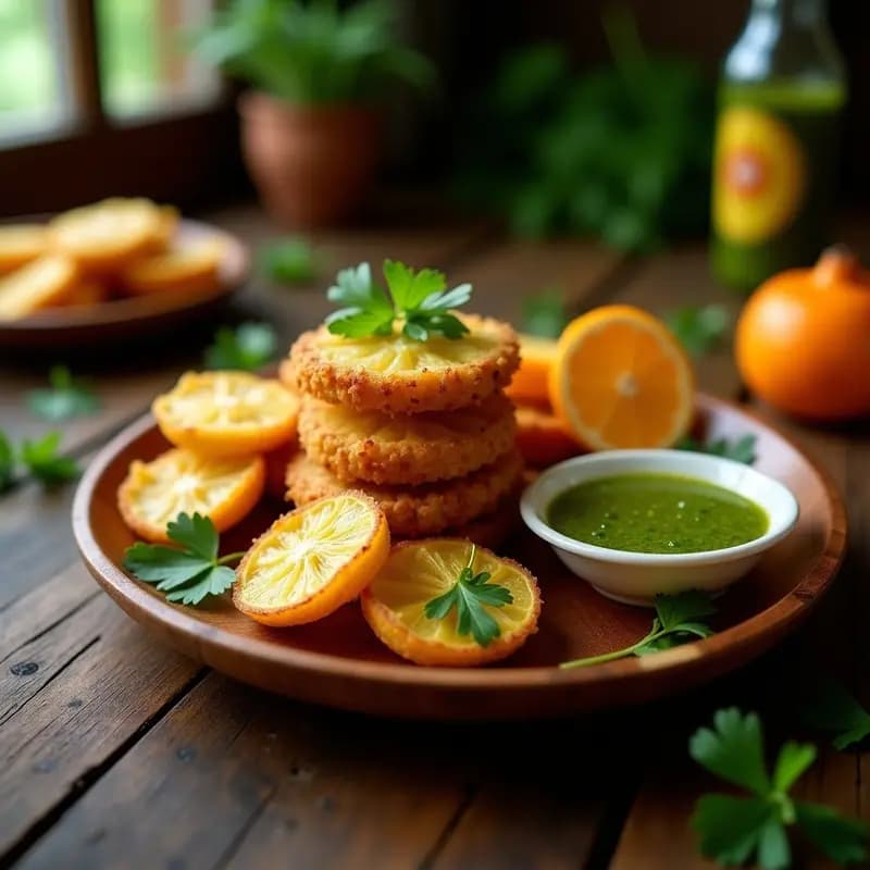Plato de tostones dorados y crujientes acompañados de un mojo Cuba vibrante de color rojo anaranjado, con trozos de ajo y cilantro fresco. Aperitivo caribeño crujiente y picante.