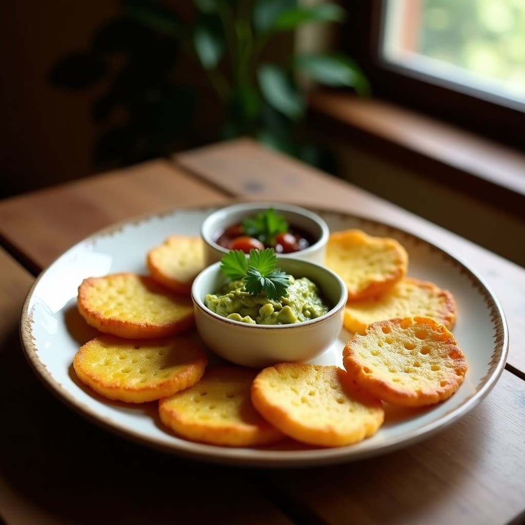 Tostones dorados y crujientes de plátano macho servidos en un plato rústico con guacamole cremoso y hogao de champiñones, receta colombiana en airfryer sin gluten y vegana.