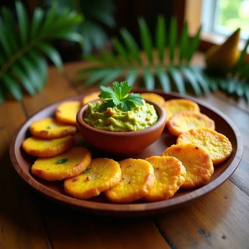 Plato de madera rústico con tostones de plátano macho dorados y crujientes, acompañados de un bol de guacamole de mango cremoso con trozos visibles de mango y cilantro. Aperitivo caribeño sin gluten.