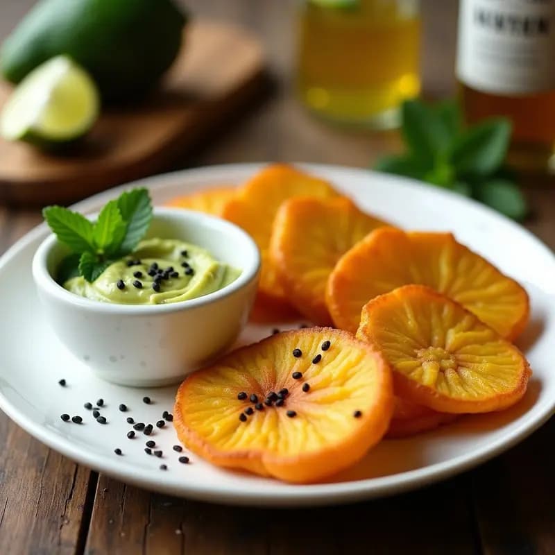 Plato de tostones de plátano macho dorados y crujientes, servidos con una generosa porción de mojito de aguacate verde cremoso, decorado con hojas de menta fresca y semillas de sésamo. Receta dominicano-caribeña crujiente.