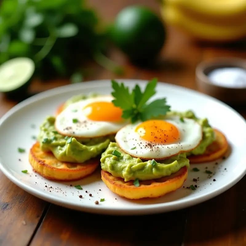 Plato blanco con tostones de plátano verde dorados y crujientes, cubiertos con crema de avocado verde y huevos poché con yema líquida. Decorado con cilantro fresco y pimienta negra. Desayuno dominicano alto en energía.