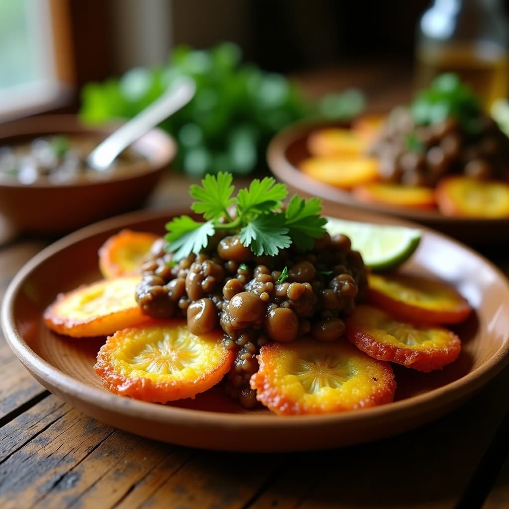 Tostones de plátano verde dorados y crujientes servidos en un plato de madera con hogao de champiñones espeso y oscuro encima, decorado con cilantro fresco y una rodaja de limón. Receta colombiana vegana en airfryer.