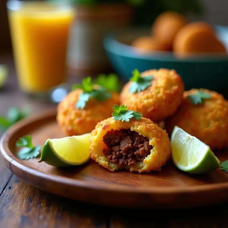 Tostones dorados y crujientes rellenos de carimañola, con carne molida especiada y queso blanco desmenuzado, servidos en un plato de madera con hojas de culantro y rodajas de limón al fondo.