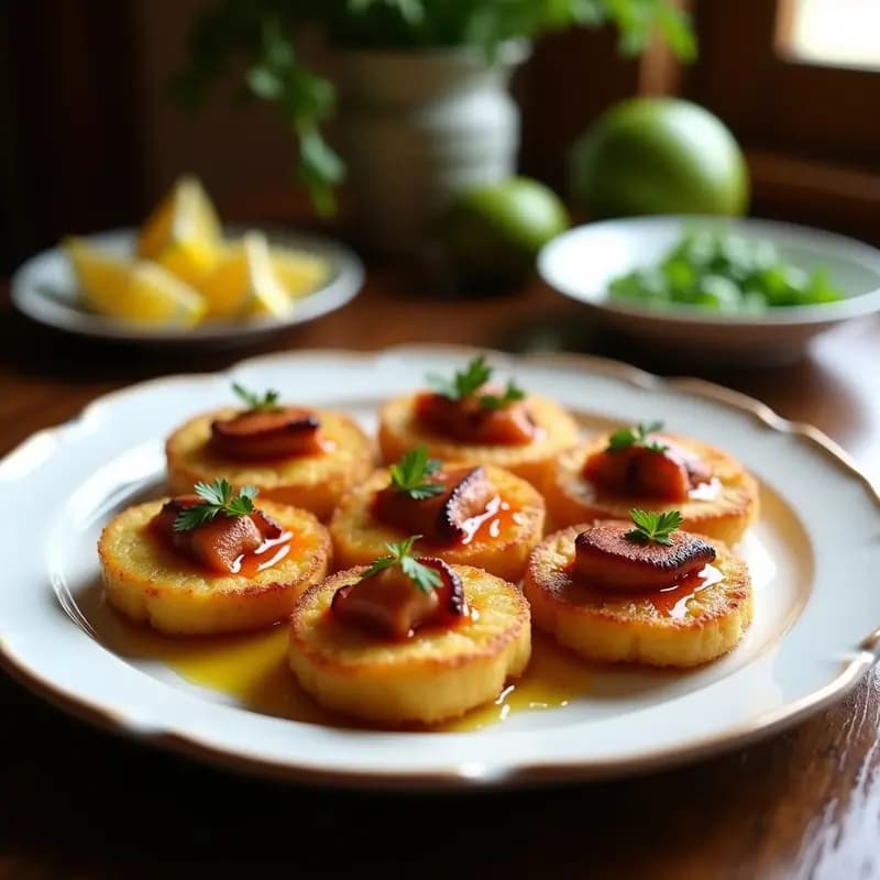 Plato blanco con tostones dorados rellenos de pulpo a la gallega, decorados con perejil fresco y un chorrito de aceite de oliva sobre mesa de madera rústica. Receta dominicana con toque español.