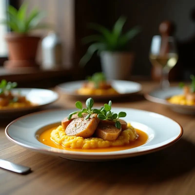 T pointe de morcilla de cebolla y manzana con puré de patata sobre base de hojaldre dorado, servida en plato blanco rústico. El relleno muestra trozos de morcilla oscura, cebolla morada caramelizada y manzana dorada sobre un puré de patata cremoso. Acabado con hilo de aceite de oliva virgen extra.