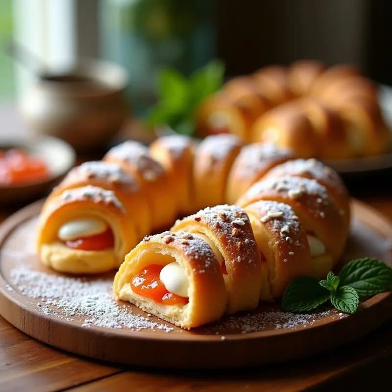 Trenzas doradas de hojaldre perfectamente trenzadas, rellenas de queso cream cheese cremoso y mermelada de guayaba brillante, espolvoreadas con azúcar glass y almendras fileteadas sobre una bandeja de madera rústica.