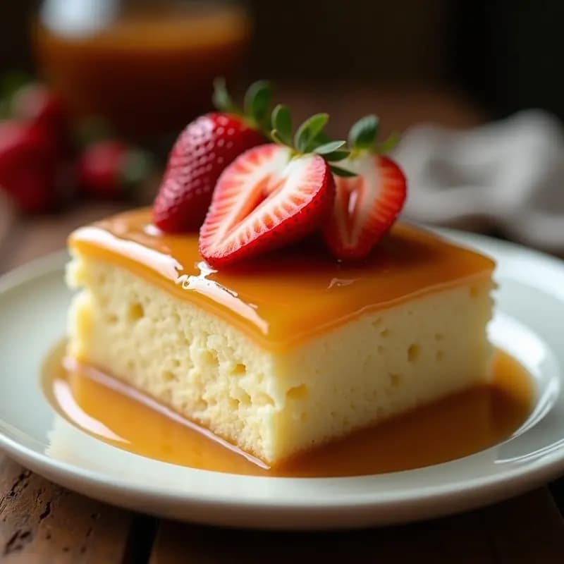 Postre Tres Leches Colombiano con Arequipe y Fresas en molde rectangular, bizcocho esponjoso empapado en tres leches, cubierto de arequipe cremoso y decorado con rodajas de fresas frescas.