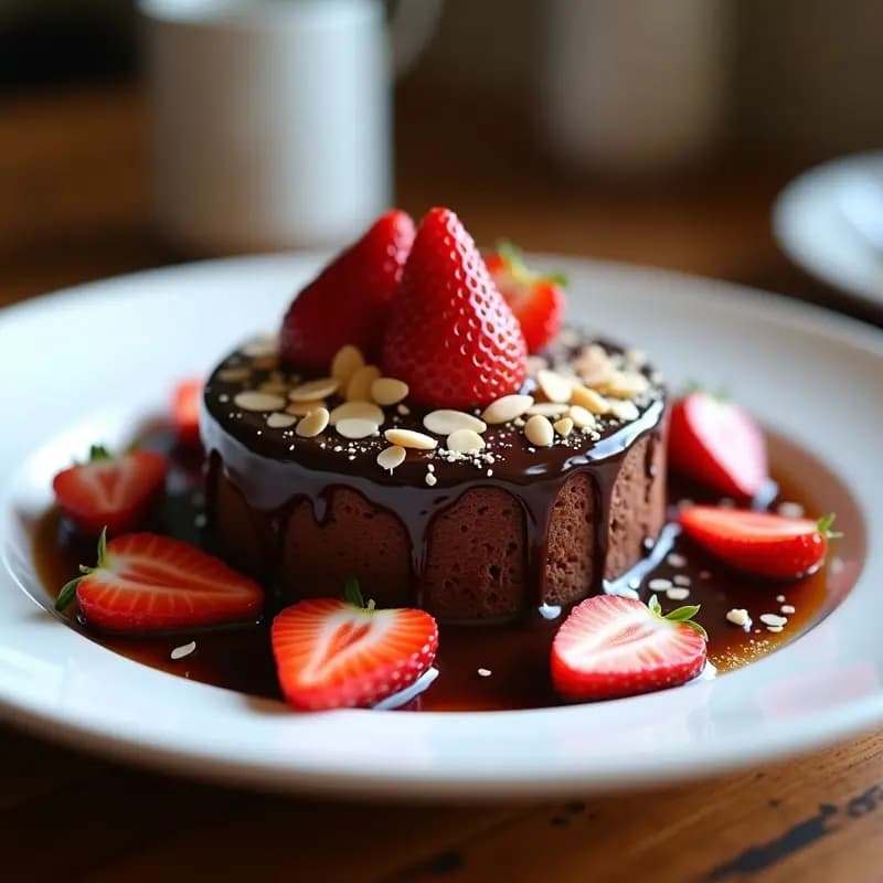 Postre Tres Leches con bizcocho de chocolate oscuro en capas, bañado en crema de tres leches y decorado con fresas brillantes maceradas en miel, virutas de chocolate negro y almendras fileteadas, servido en plato blanco.