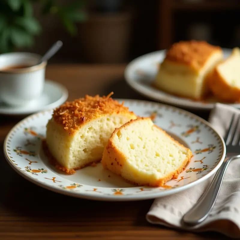 Porción cuadrada de Tres Leches con Coco y Lulo en plato blanco, con capas visibles de bizcocho esponjoso empapado en líquido cremoso, decorado con coco rallado, semillas de chía y pulpa de lulo fresco. Postre colombiano sin lactosa y sin gluten.