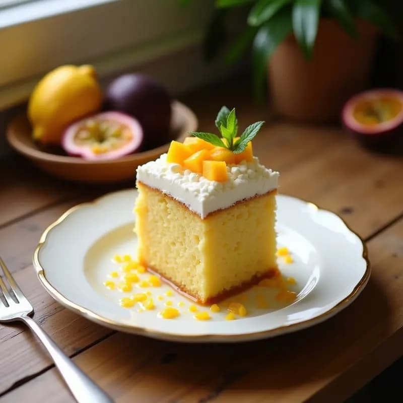 Porción de Tres Leches de Coco y Maracuyá en plato blanco, con bizcocho esponjoso empapado en almíbar dorado, cubierto de coco rallado tostado y semillas de maracuyá brillantes. Fondo borroso con hojas de plátano y trozos de maracuyá fresco.