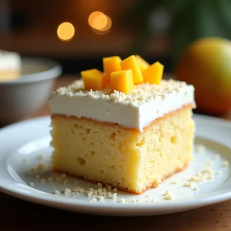 Porción de tres leches colombiano con base de coconut, servido en plato blanco con crema de coco batida, coco rallado y cubos de mango fresco. Postre esponjoso sin lactosa sobre fondo rústico de madera.