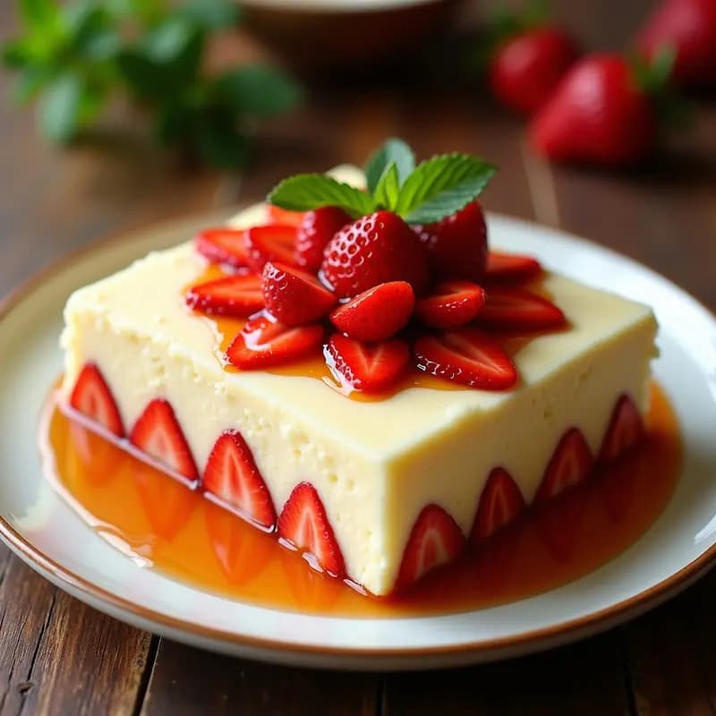Postre tres leches ultracremoso en fuente rectangular, con capas visibles de bizcocho empapado, mermelada de guayaba dorada y fresas frescas en rodajas. Textura húmeda y esponjosa, decorado con un hilo de mermelada.